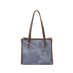 Vintage large capacity tote bag in blue snowflake canvas with brown leather straps