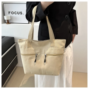Sac Seau En Toile Pour Femmes Grande Capacité Style Japonais Sac À Épaule Décontracté Avec Poches Zippées