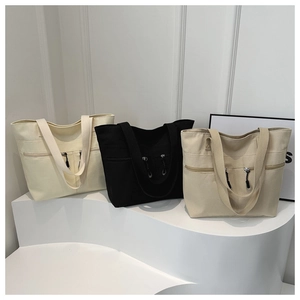 Sacs fourre-tout en toile minimalistes en blanc noir et kaki avec poche zippée avant