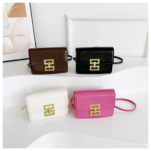 Elegant flap square bags in coffee, black, white, and pink with golden metal hardware