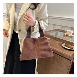 Women Fashion Corduroy Shoulder Bag Large Capacity Bucket Tote Handbag Korean Style Vertical Striped Minimalist Commuter Bag