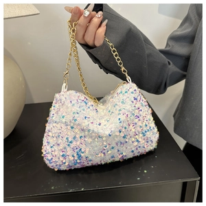 Sparkling iridescent sequin evening handbag with gold chain strap for party and gala events