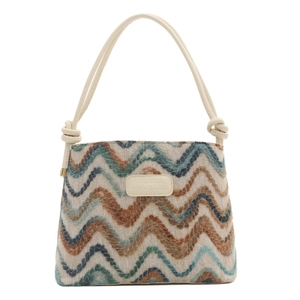 Chic zigzag knit bucket bag in brown and teal with a cream shoulder strap for women