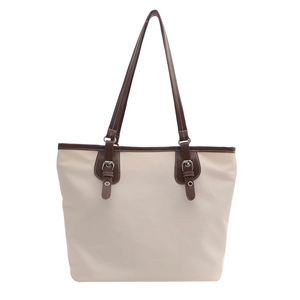Minimalist off-white large capacity tote bag with brown leather accents and shoulder straps