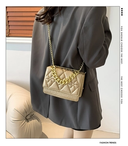 Detail of gold pearlescent crossbody bag with diamond quilting and metallic chain strap