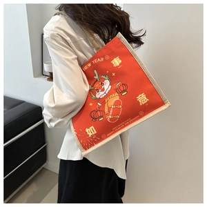 Rote Canvas-Einkaufstasche mit Neujahrs-Drachen-Cartoon und Retro-Minimal-Design