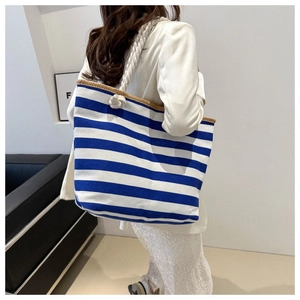 Large capacity blue and white plaid tote bag with woven rope handles for women