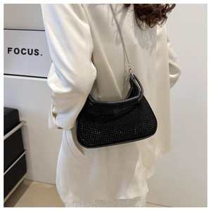 Chic black rhinestone crescent shoulder bag with silver chain strap for women
