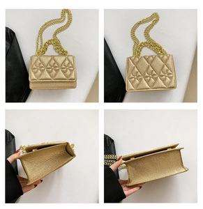 Detailed views of gold quilted chain bag showing interior and exterior textures