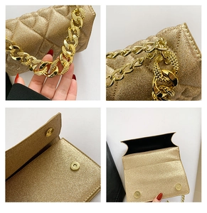 Detail of gold sequin crossbody bag showing quilted texture and chunky chain strap
