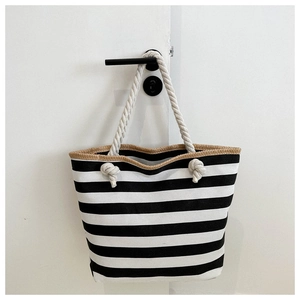 Large Capacity Striped Canvas Tote Bag With Cotton Rope Handle And Woven Edge Casual Nautical Beach Shoulder Bag For Women