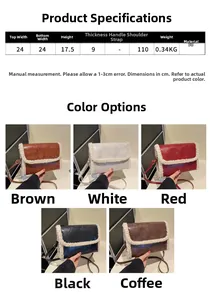 Detailed size chart and five color options for the plush ethnic style crossbody bag