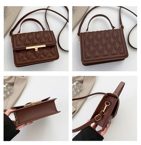 Detailed views of a dark brown quilted handbag with gold hardware and chain strap