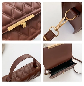 Detailed views of brown quilted bag showing gold metal clasp and stitching craftsmanship