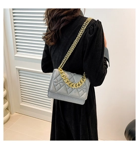 Silver sequin quilted crossbody bag with gold chunky chain strap on female model