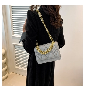 Silver glitter quilted shoulder bag with gold chain strap worn by a model in black