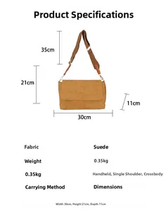 Size chart showing large mustard suede handbag dimensions and product specifications