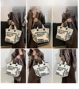 Collage of model wearing a large canvas tote bag with black letter prints and trim