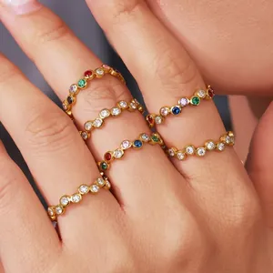 Adjustable Open Ring Stainless Steel 18K Gold Plated Colorful Zircon Bezel Setting Bubble Design Fashion Jewelry For Women