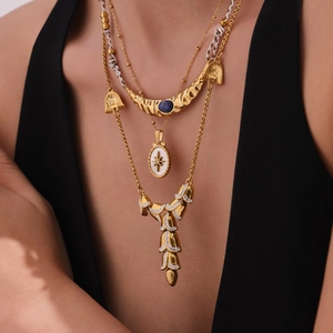 Collane a strati placcate oro 18K con gemma blu e ciondoli a forma di stella