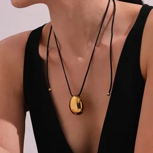 Geometric Egg Pendant Necklace High Polished Stainless Steel Adjustable Black Rope Cord Minimalist Fashion Jewelry Women