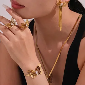 Butterfly Zircon Stainless Steel Tassel Necklace Bracelet Earrings Adjustable Ring Hollow Exquisite Fashion Women