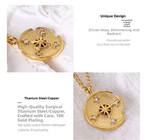 Macro detail of 18K gold plated compass pendant with hand-set cubic zirconia crystals
