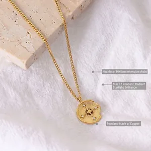 Vintage 18K Gold Plated Titanium Steel Chain Copper Irregular Round Tag Compass Star Zirconia Pendant Necklace For Women