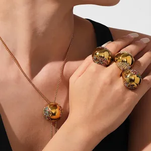 Set Di Gioielli Da Donna Acciaio Inossidabile Zircone Sferico Cavo Collana Orecchini Anello Elegante Lusso Moda