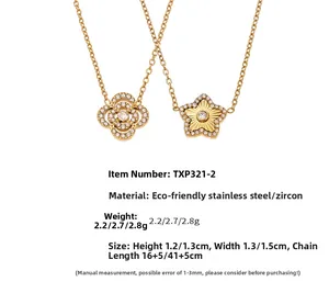 Détail de colliers en acier plaqué or 18k avec pendentifs fleur et étoile en zircon