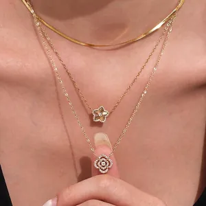 Parure Bijoux Femme Acier Inoxydable Plaque Or Pavé Zircon Fleur Pentagramme Étoile Collier Superposé Et Bracelet