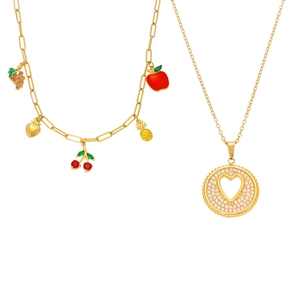 Conjunto de collares de oro 18k con dijes de frutas y colgante de corazón con circón