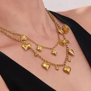 Heart Necklace Stainless Steel Gold Plated Zircon Letter Pendant Fashion Double Layer Jewelry Gift For Women