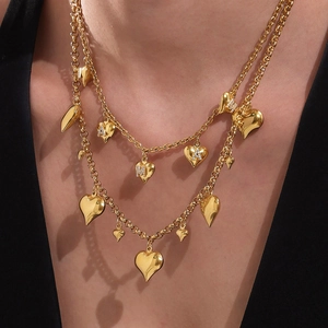 Double-layered 18K gold plated stainless steel heart necklace with rhinestone letters