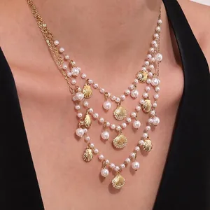Elegant Shell Pendant Necklace 18K Gold Plated Stainless Steel With Faux Artificial Pearl Zircon Ocean Style Jewelry For Women