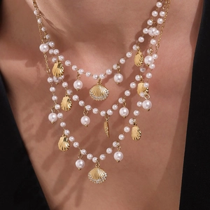 Three-layer stainless steel pearl necklace with shimmering shell pendants and zircons