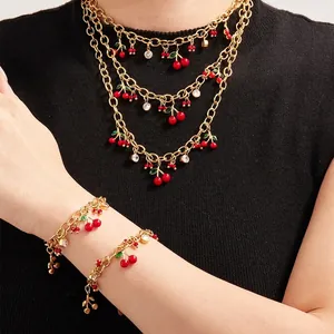 Collier Et Bracelet À Pendentif Cerise En Acier Inoxydable Plaqué Or Émail Rouge Zircon Thème Fruits Mode Femmes