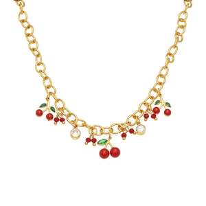 Collier cerise dorée avec pendentifs en émail rouge et cristaux de zircon étincelants