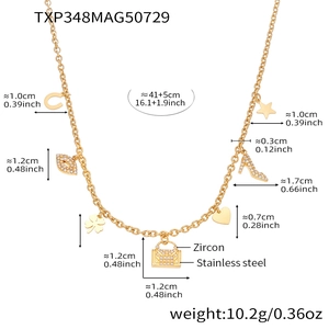 Detailed size chart for 18k gold plated stainless steel necklace with 7 unique charms