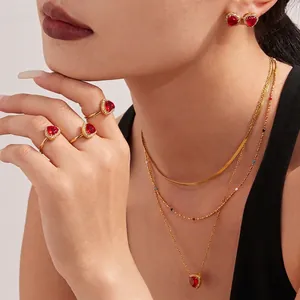 Red Heart Zirconia Stainless Steel Halo Necklace Stud Earrings Adjustable Ring Elegant Fashion Women Luxury Gold Plated