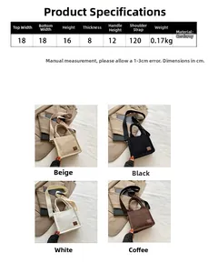 Größenangaben und vier Farben der Vintage-Umhängetasche aus Cordgewebe