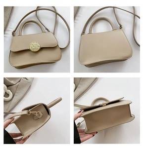Four views of khaki crossbody bag showing front metal buckle, back, interior and bottom