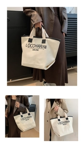 Three-way view of large canvas tote bag with letter print shown on models for styling