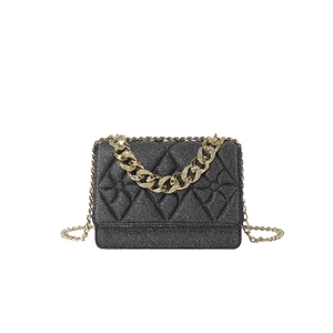 Quilted black shimmer chain handbag with gold-tone hardware and elegant crossbody strap