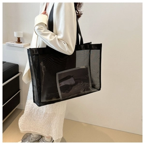 Minimalist black mesh tote bag with large capacity for beach and daily shoulder use