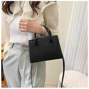 Classic black structured mini handbag with double handles shown on white blouse outfit