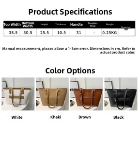 Tabella taglie e opzioni colore per la borsa tote grande in pelle PU con misure dettagliate