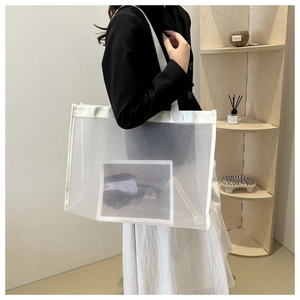 White translucent mesh tote bag with fashion photo card and minimalist shoulder straps
