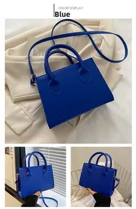 Detail view of Klein blue crossbody bag showing fine stitching and matte PU leather texture