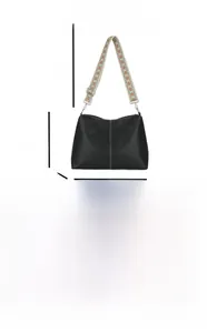 Detailed dimensions of a black PU leather tote bag with a woven wide shoulder strap